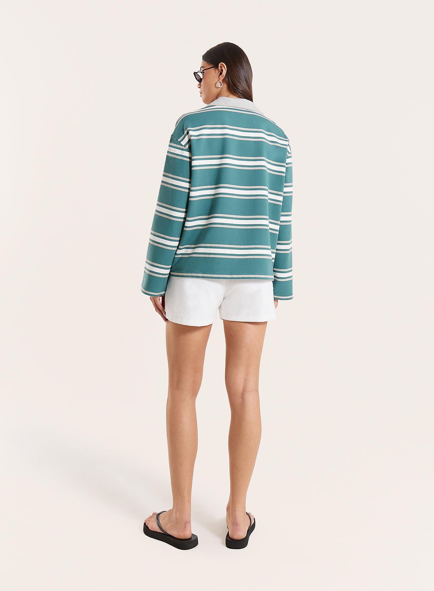 Green And White Stripe Branded Rugby Top